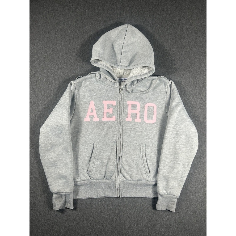 Aeropostale Sport Grey Sherpa-Lined Full-Zip Hoodie with Pink Logo Large